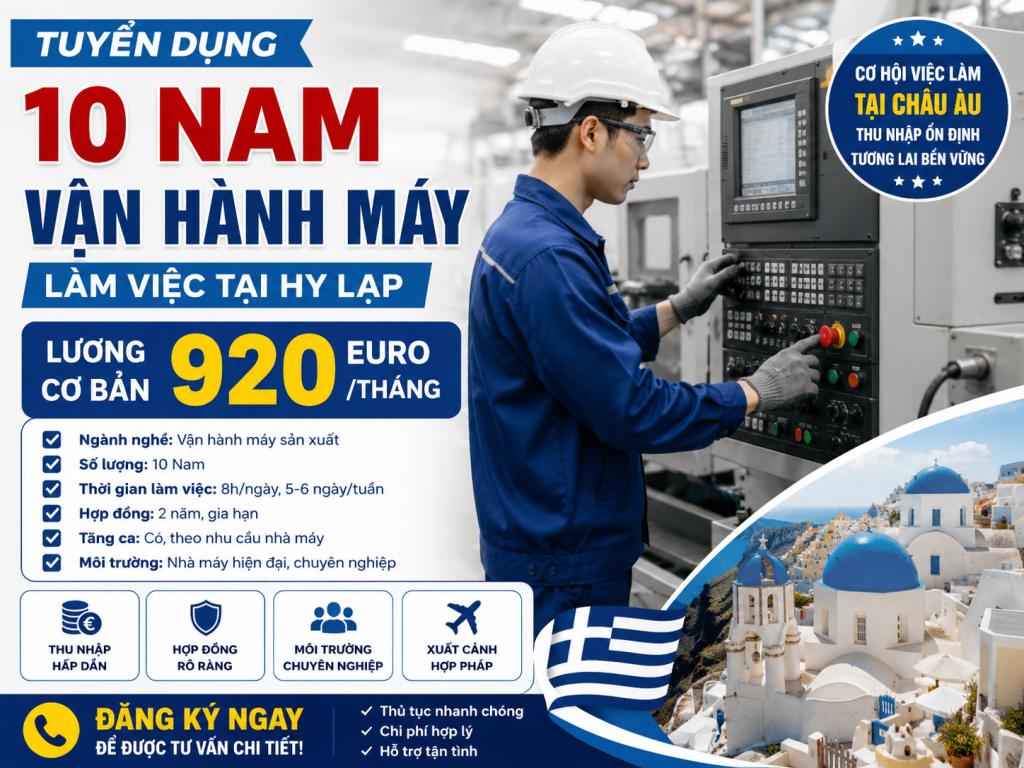 Tuyển 10 Nam Vận Hành Máy Làm Việc Tại Hy Lạp – Lương Cơ Bản 920 Euro/Tháng | Đơn Hàng Xuất Khẩu Lao Động Hy Lạp 2026