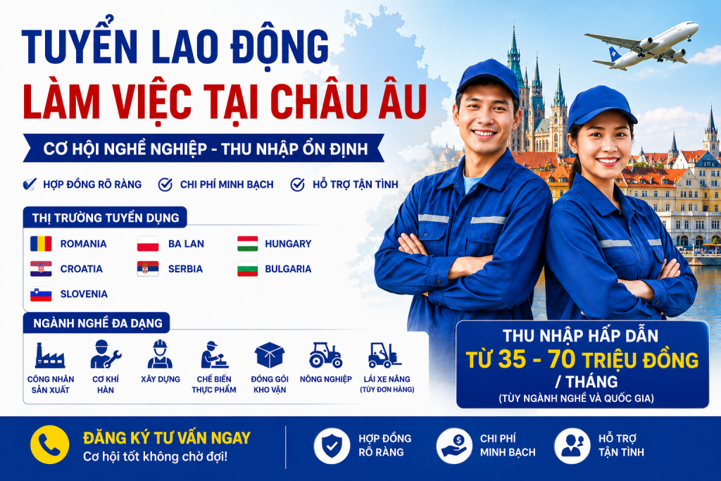 Tuyển Dụng Xuất Khẩu Lao Động Châu Âu 2026 – Hàng Nghìn Chỉ Tiêu | Lương Đến 2.288 Euro/Tháng