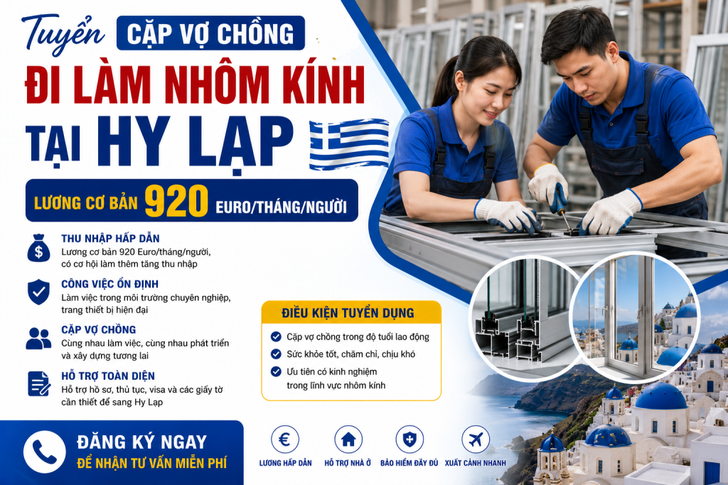Tuyển Cặp Vợ Chồng Đi Hy Lạp Làm Nhôm Kính – Lương Cơ Bản 920 Euro/Tháng