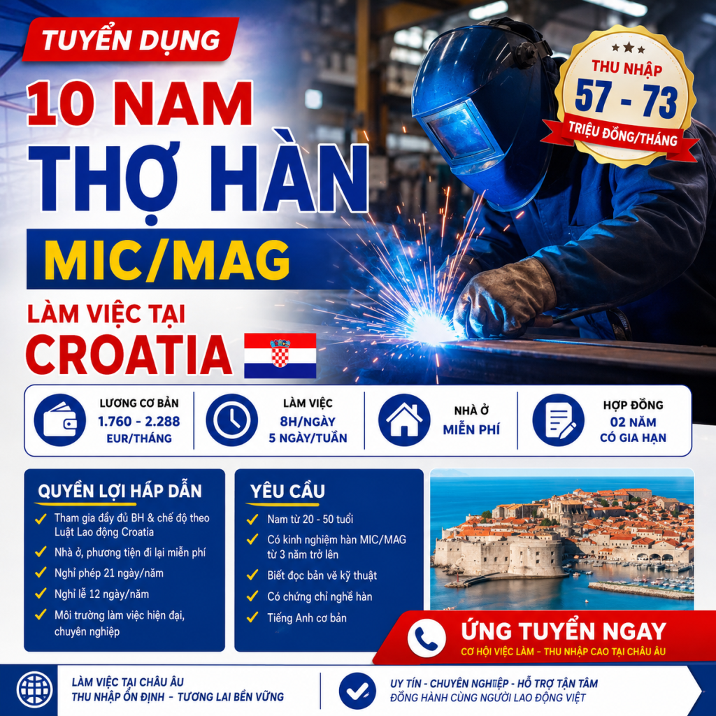 Tuyển 10 Nam Thợ Hàn MIC/MAG  Làm Việc Tại Croatia – Thu Nhập Đến 73 Triệu Đồng/Tháng