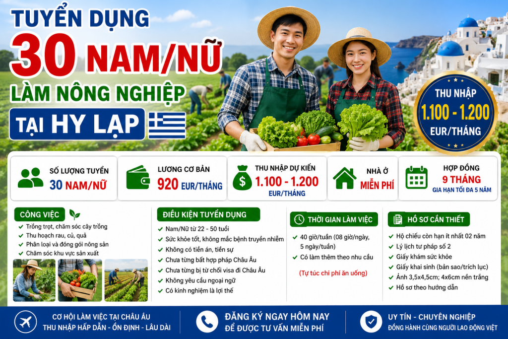 Tuyển 30 Nam/Nữ Làm Nông Nghiệp Tại Hy Lạp – Lương Cơ Bản 920 EUR/Tháng | Thu Nhập Đến 1.200 EUR