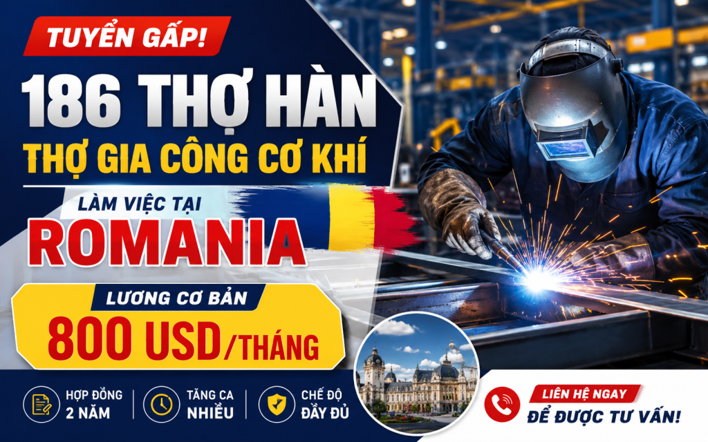 Tuyển 186 Thợ Hàn – Thợ Gia Công Cơ Khí Đi Romania Lương Cơ Bản 800 USD/Tháng