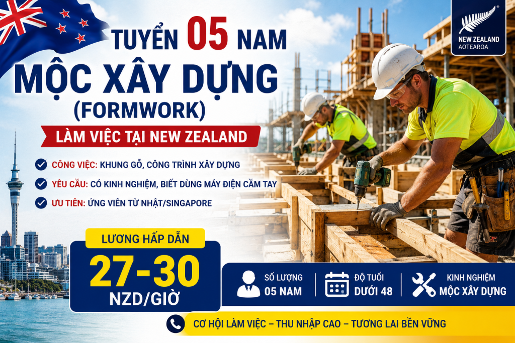 Tuyển 05 Nam Mộc Xây Dựng (Formwork) Làm Việc Tại New Zealand – Lương 27–30 NZD/Giờ