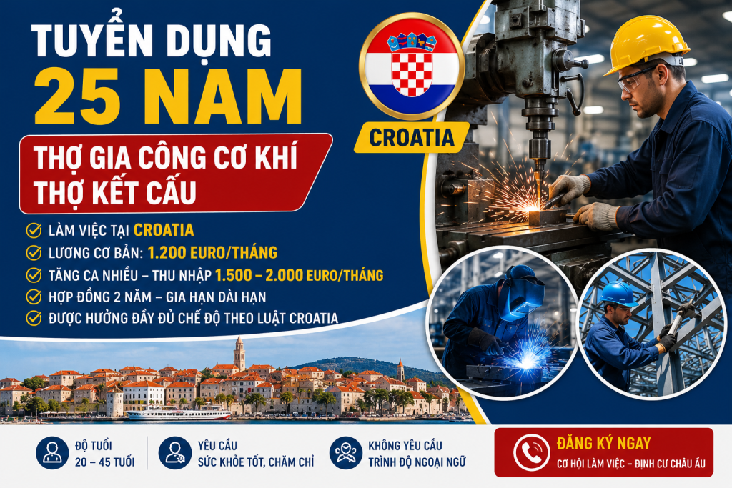 Tuyển 25 Nam Thợ Gia Công Cơ Khí, Thợ Kết Cấu Làm Việc Tại Croatia – Lương Cơ Bản 1.200 Euro/Tháng