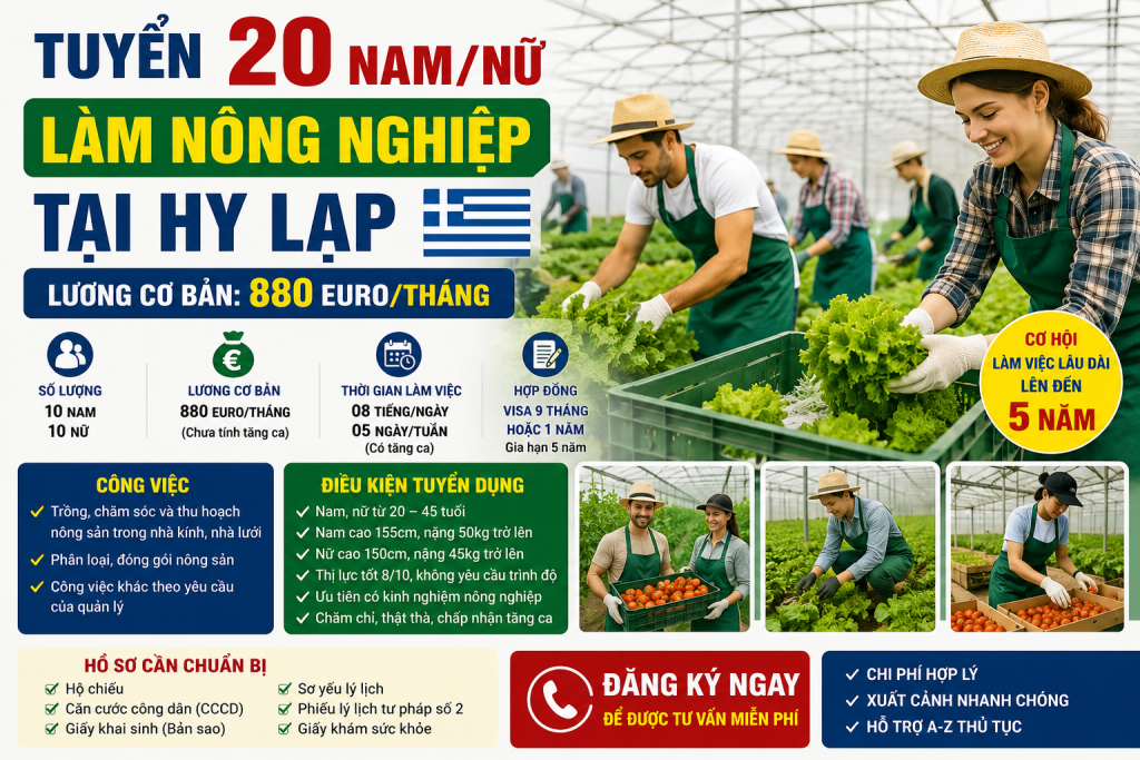 Tuyển 20 Nam/Nữ Làm Nông Nghiệp Tại Hy Lạp – Lương Cơ Bản 880 Euro/Tháng
