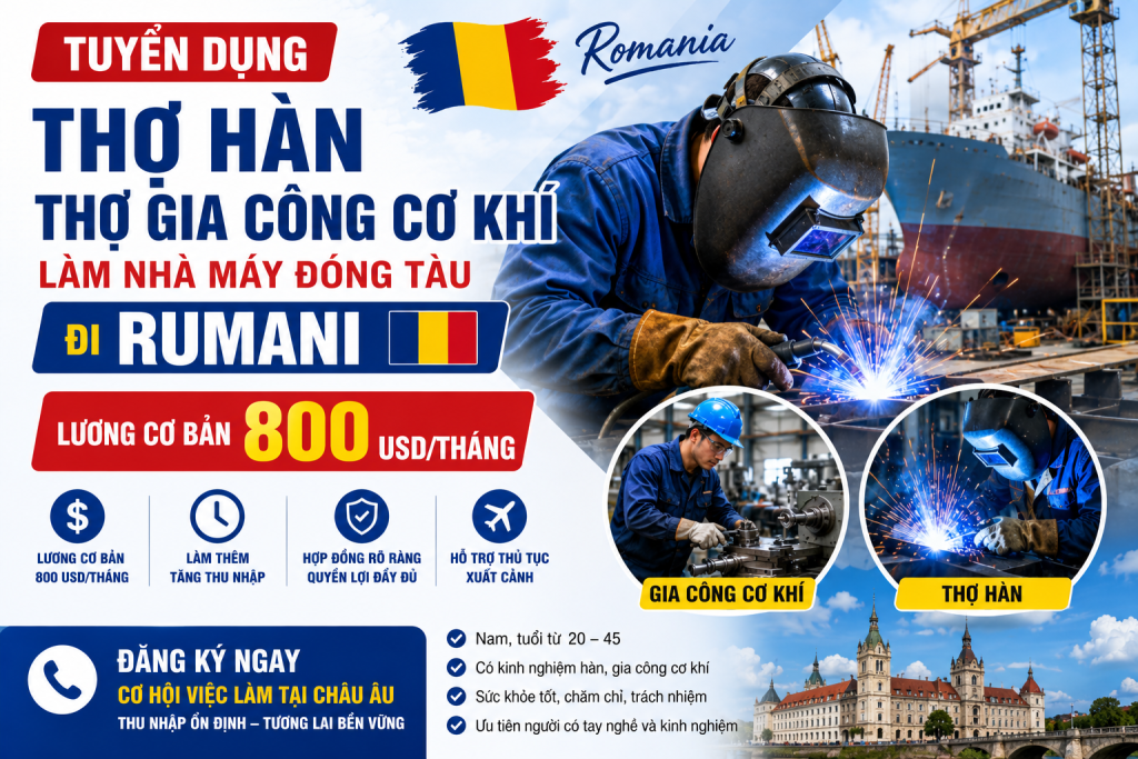 Tuyển Thợ Hàn, Thợ Gia Công Cơ Khí Làm Nhà Máy Đóng Tàu Đi Rumani – Lương Cơ Bản 800 USD/Tháng