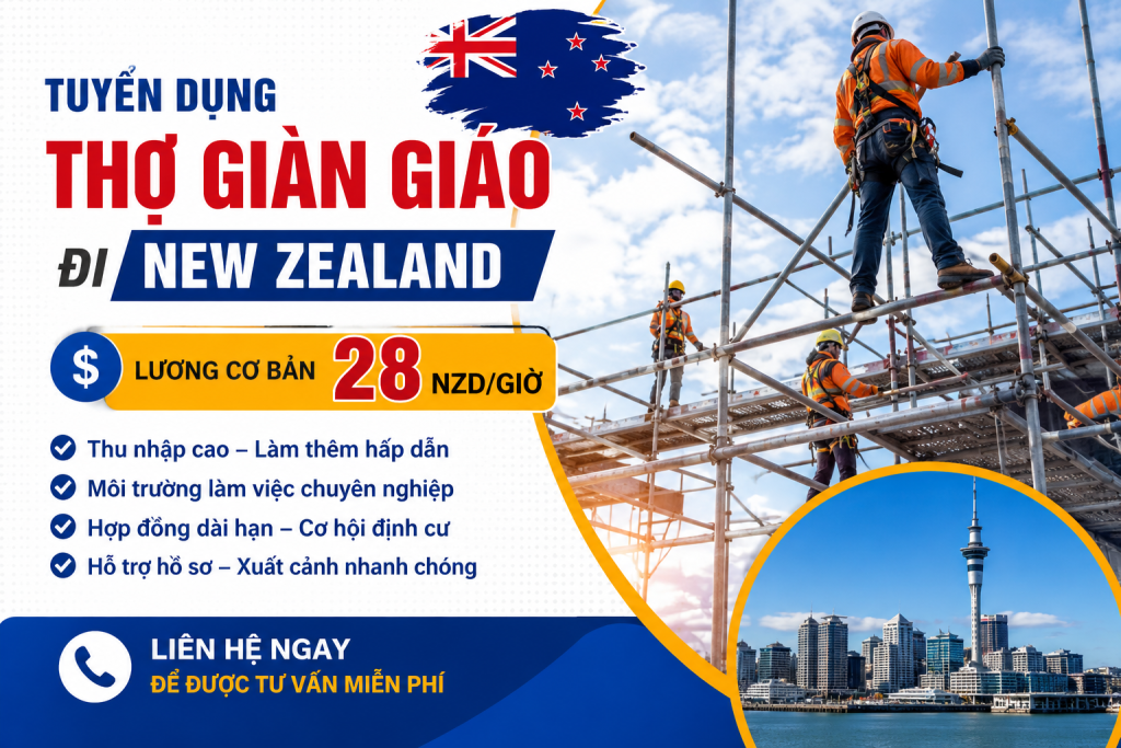 tuyển thợ giàn giáo đi New Zealand việc làm New Zealand xuất khẩu lao động New Zealand thợ giàn giáo New Zealand lương 28 NZD/giờ đơn hàng New Zealand lao động xây dựng New Zealand việc làm xây dựng New Zealand