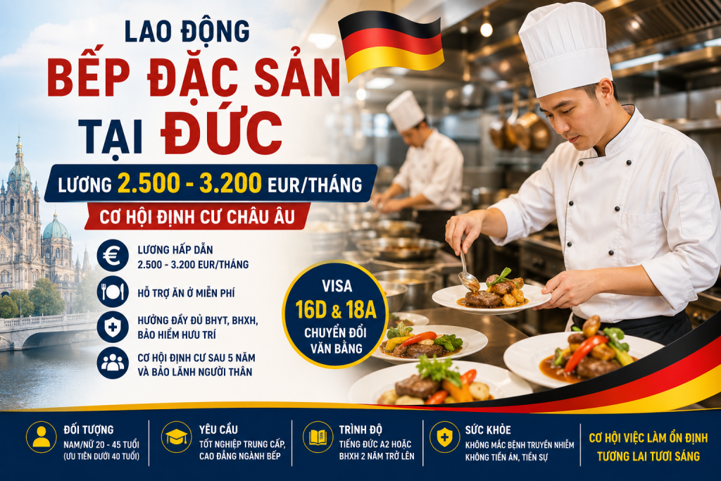 Lao Động Bếp Đặc Sản Tại Đức – Lương 2.500–3.200 EUR/Tháng | Cơ Hội Định Cư Châu Âu
