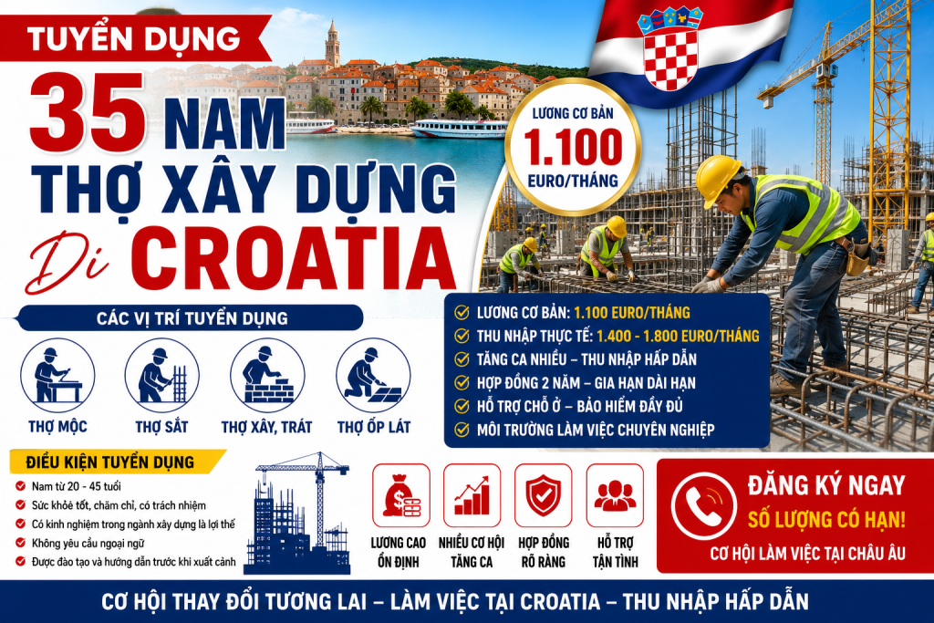Tuyển 35 Nam Thợ Xây Dựng Đi Croatia – Lương Cơ Bản 1.100 Euro/Tháng
