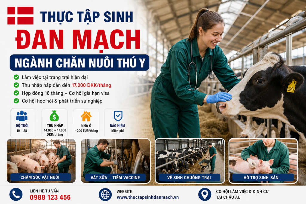 Thực Tập Sinh Đan Mạch Ngành Chăn Nuôi Thú Y – Thu Nhập Đến 17.000 DKK/Tháng, Cơ Hội Gia Hạn Visa