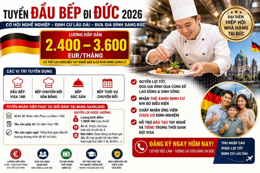 Tuyển Đầu Bếp Đi Đức 2026 – Lương 2.400–3.600 EUR/Tháng | Cơ Hội Định Cư & Đưa Gia Đình Sang Đức