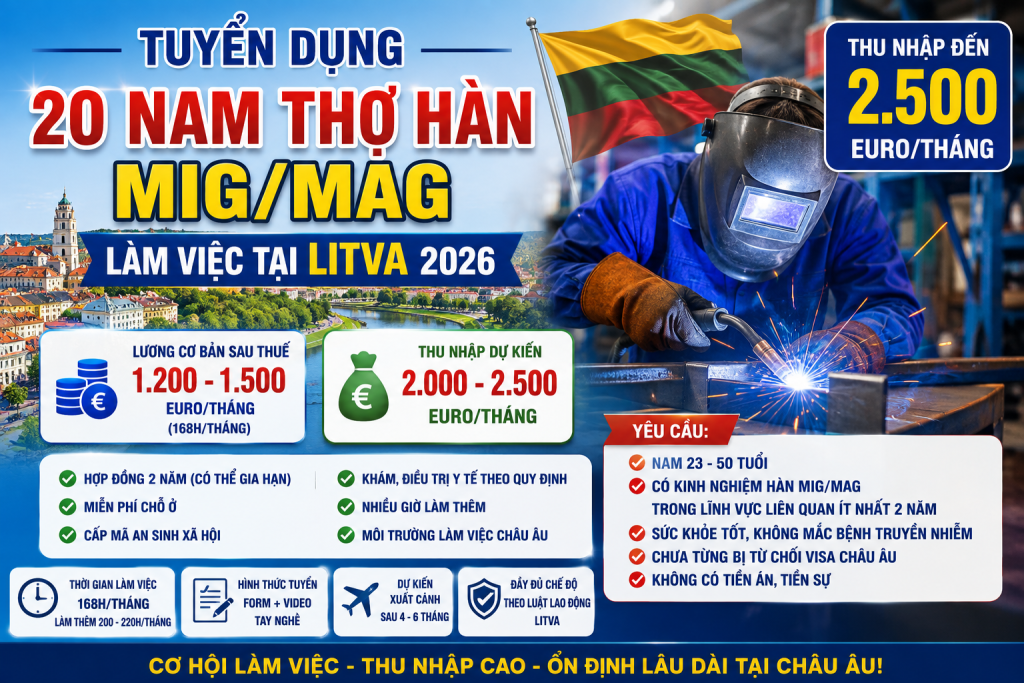 Tuyển 20 Nam Thợ Hàn MIG/MAG Làm Việc Tại Litva 2026 – Thu Nhập Đến 2.500 Euro/Tháng