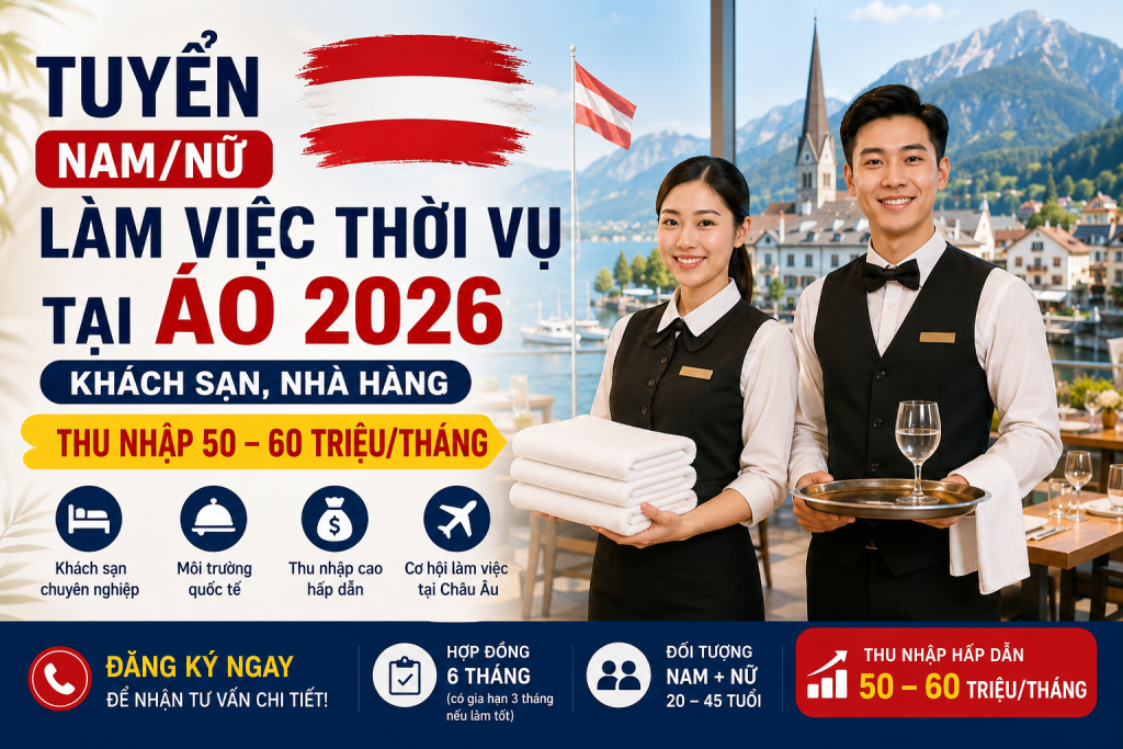 TUYỂN NAM/NỮ LÀM VIỆC THỜI VỤ TẠI ÁO 2026 – KHÁCH SẠN, NHÀ HÀNG | THU NHẬP 50–60 TRIỆU/THÁNG
